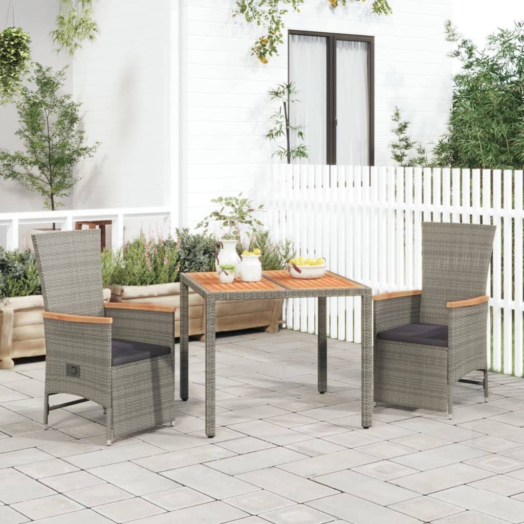 Set da Pranzo da Giardino 3 pz con Cuscini in Polyrattan Grigiocod mxl 124346