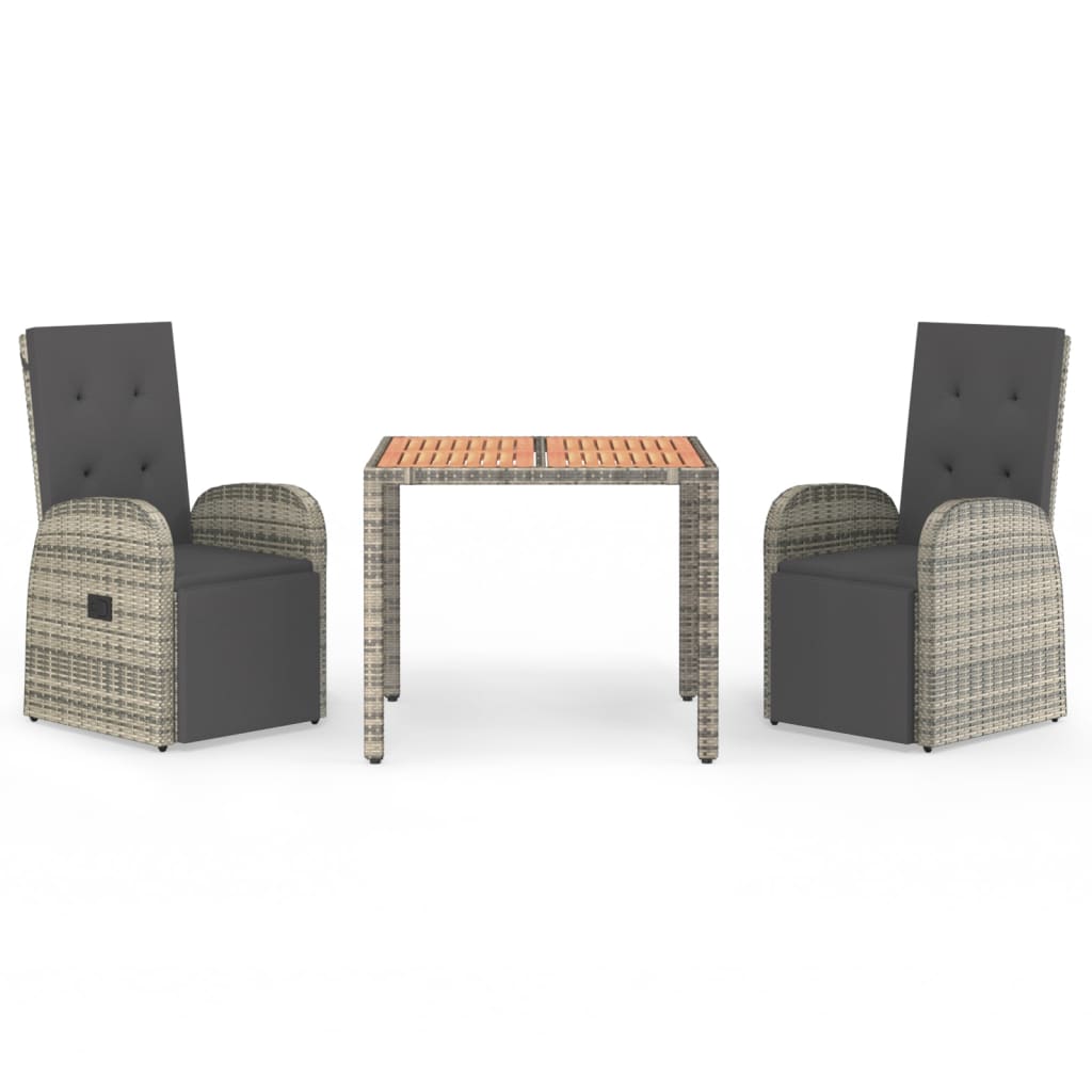 Set da Pranzo da Giardino 3 pz con Cuscini in Polyrattan Grigio