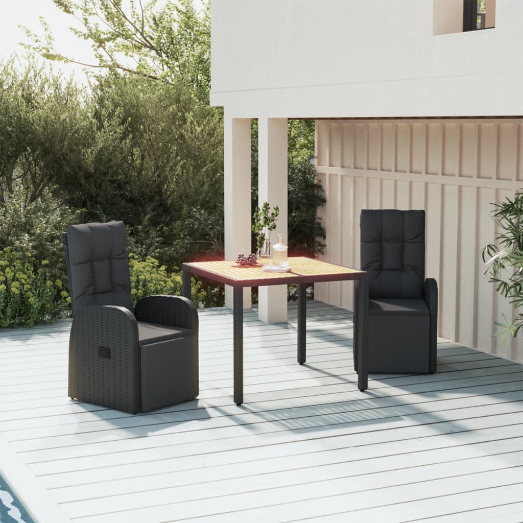 Set Pranzo Giardino 3pz Nero Polyrattan e Legno Massello Acacia