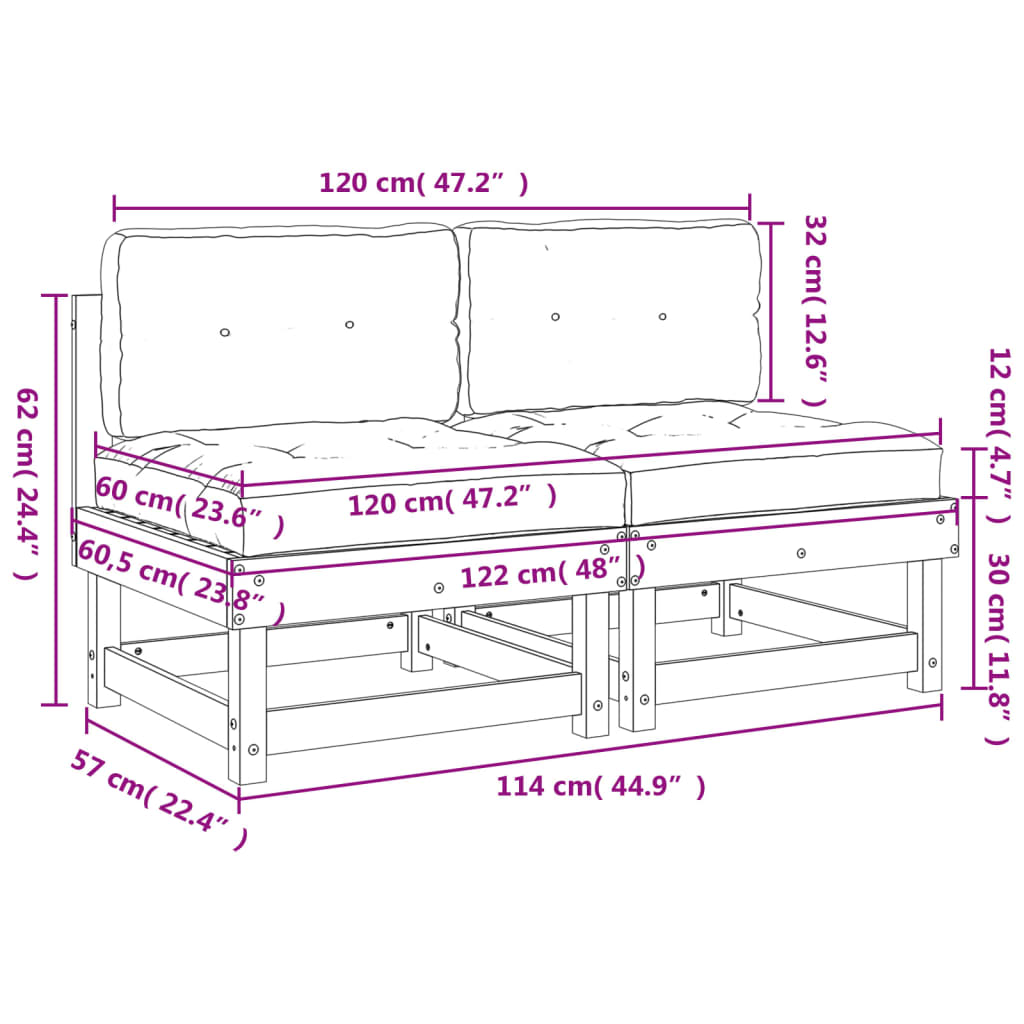 Divani Centrali con Cuscini 2 pz Legno Massello di Pino Bianco 825458