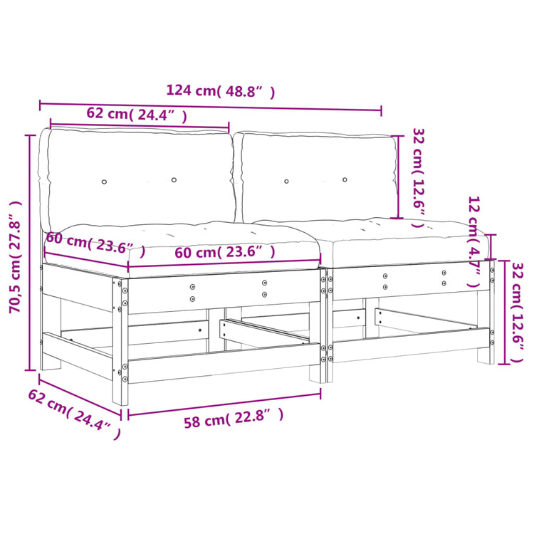 Divani Centrali con Cuscini 2 pz in Legno Massello di Pino 825576