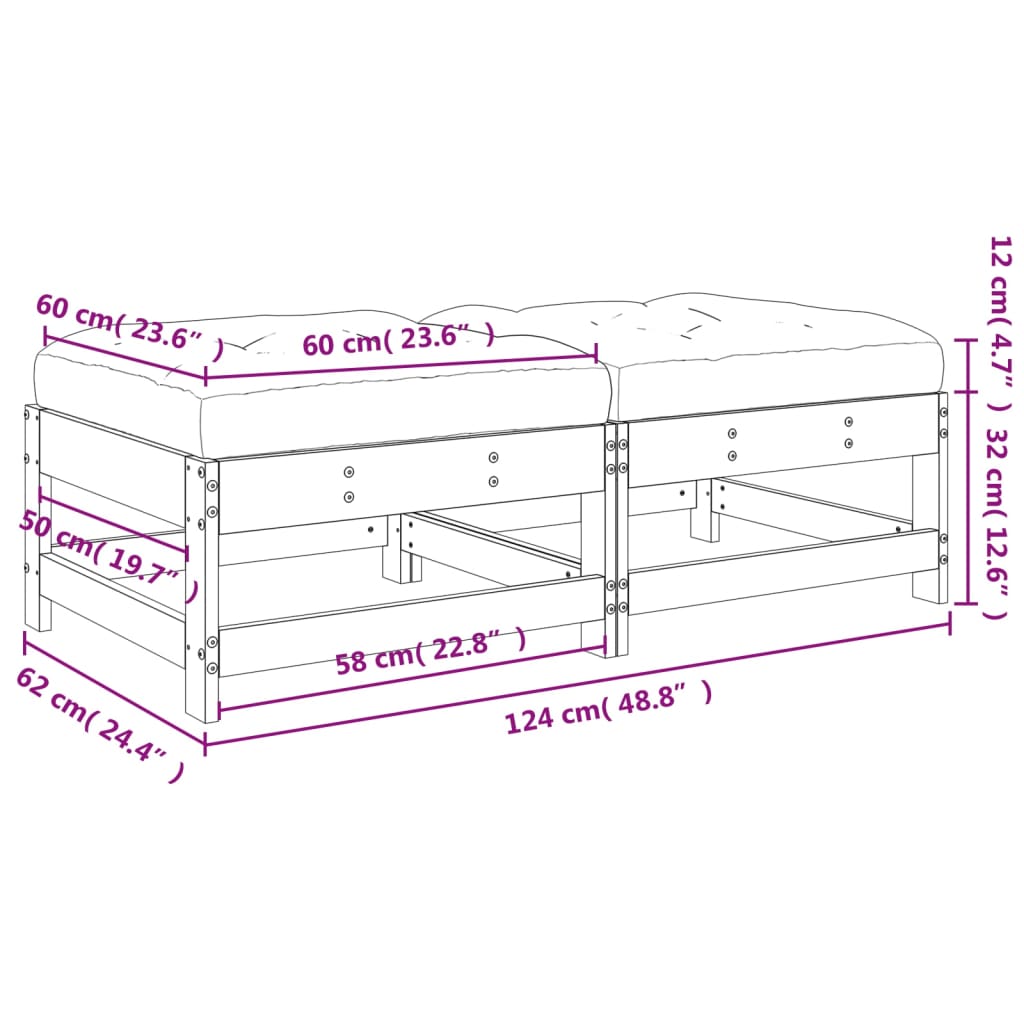 Poggiapiedi Giardino con Cuscini 2pz Legno Massello Pino Grigio 825585