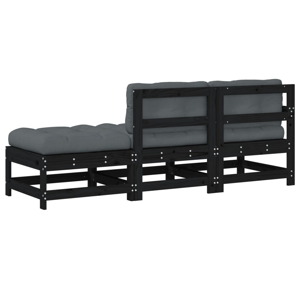 Set Divani da Giardino 3 pz con Cuscini in Legno Massello Nero 825601