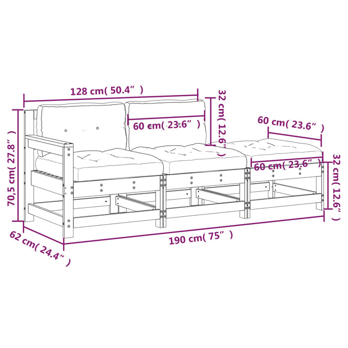 Set Divani da Giardino 3 pz con Cuscini in Legno Massello Nero 825601