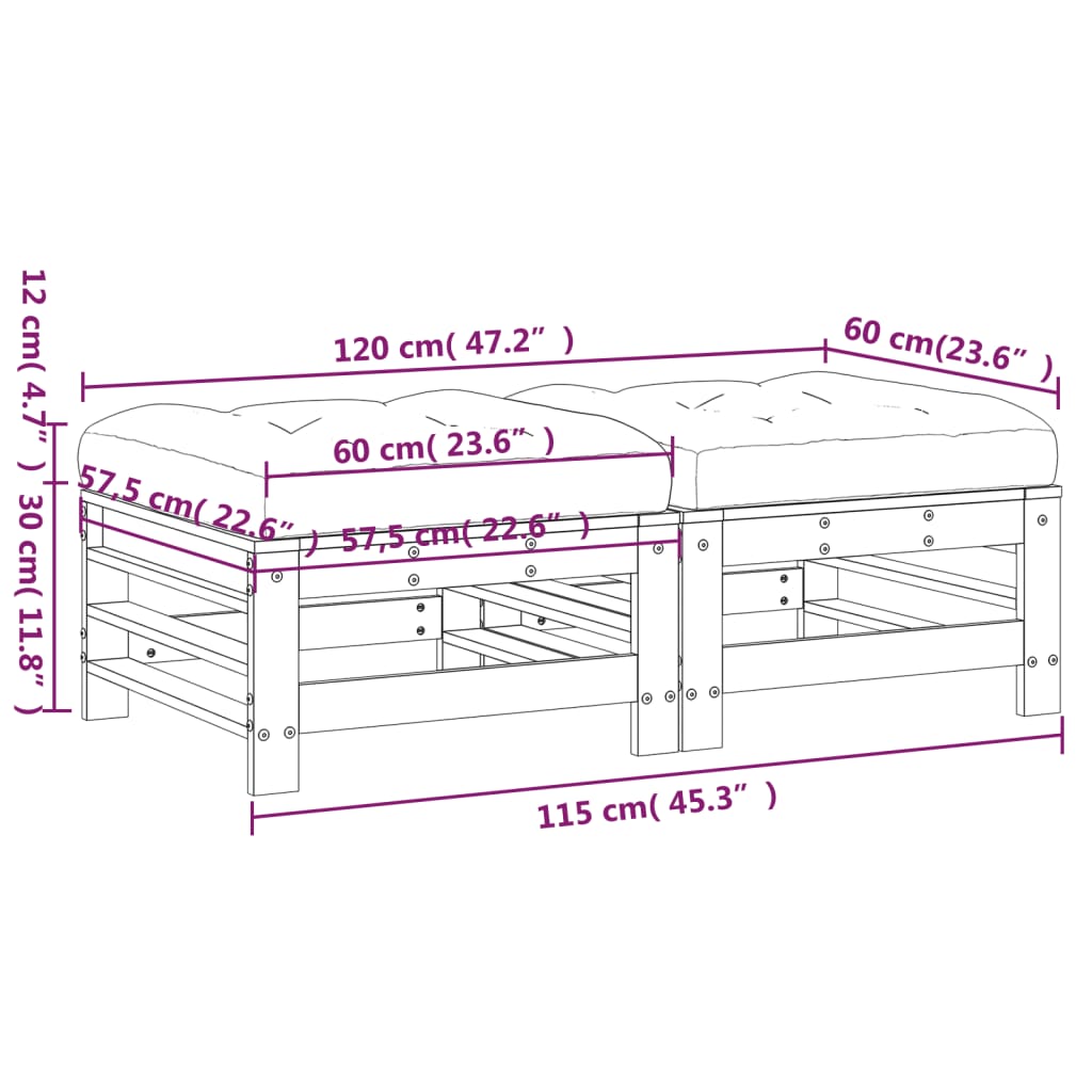 Poggiapiedi Giardino con Cuscini 2pz Legno Massello Pino Bianco 825696