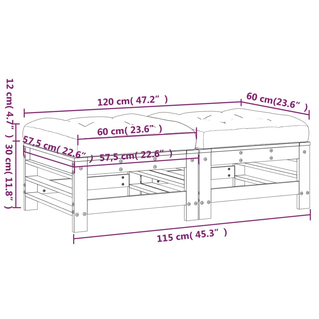 Poggiapiedi Giardino con Cuscini 2pz Legno Massello Pino Nero 825699