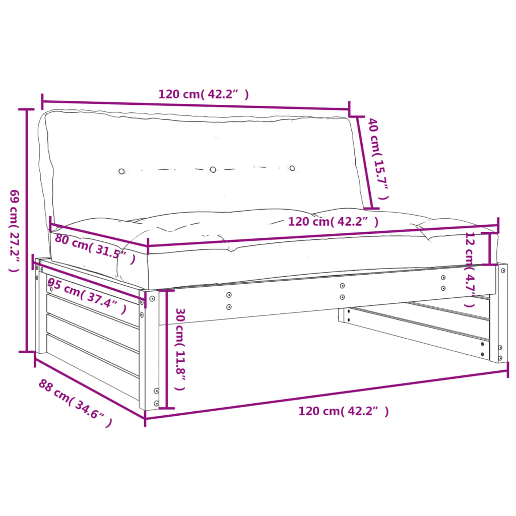 Divano Centrale 120x80 cm in Legno Massello di Pino 825758