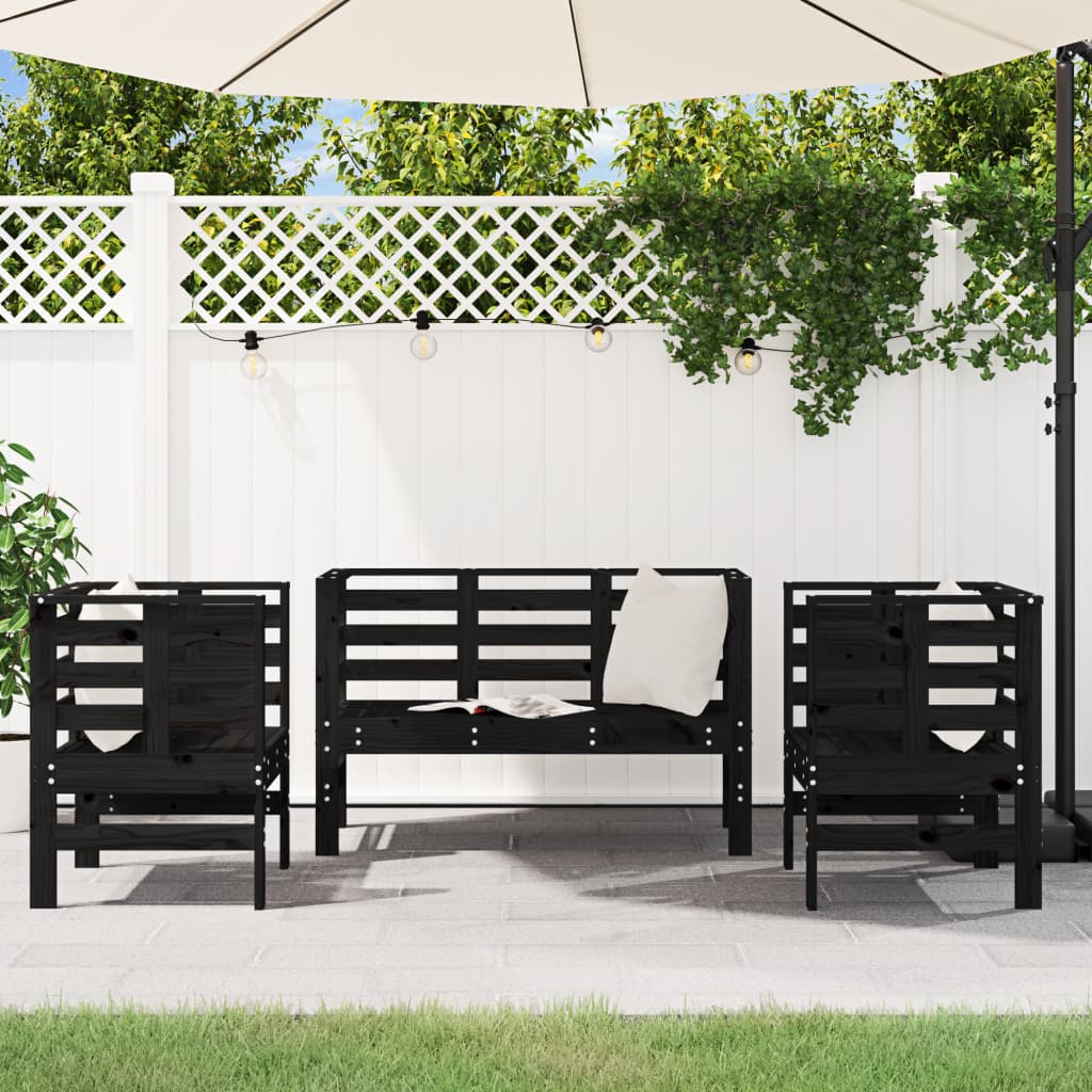 Set Salotto da Giardino 3 pz Nero in Legno Massello di Pino 825146