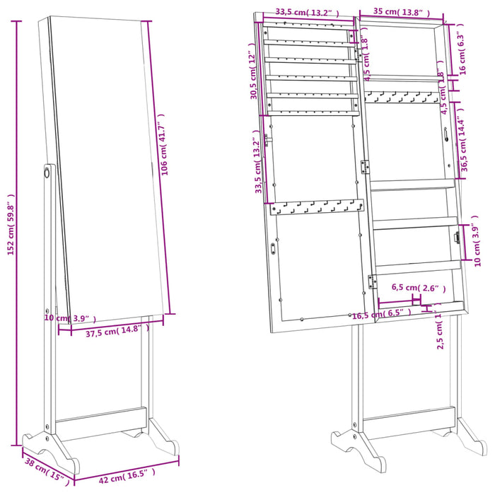 Armadio Portagioie Specchio Autoportante Bianco 42x38x152 cm 353256