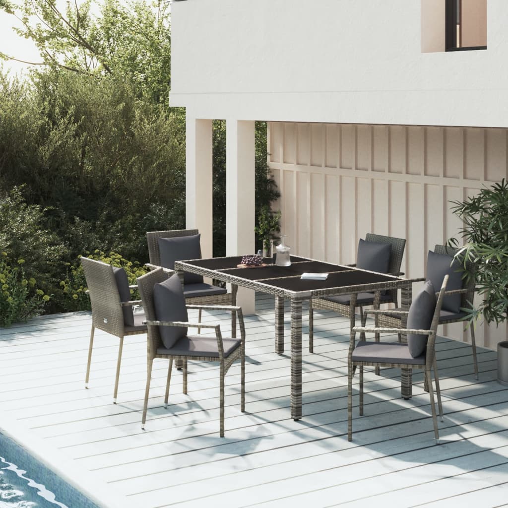 Set da Pranzo da Giardino 7 pz con Cuscini in Polyrattan Grigiocod mxl 124353