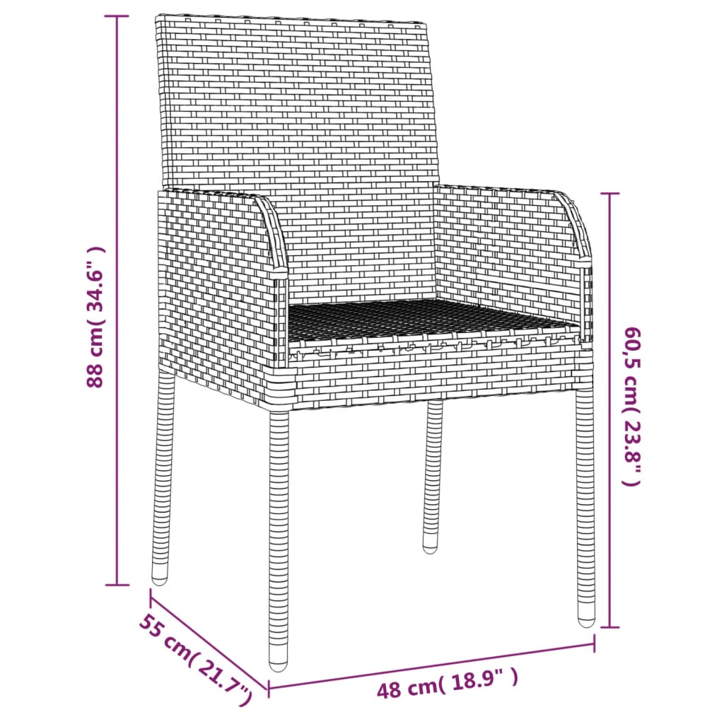 Set da Pranzo da Giardino 3 pz con Cuscini Nero in Polyrattan 3184999