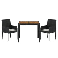 Set da Pranzo da Giardino 3 pz con Cuscini Nero in Polyrattan 3185011