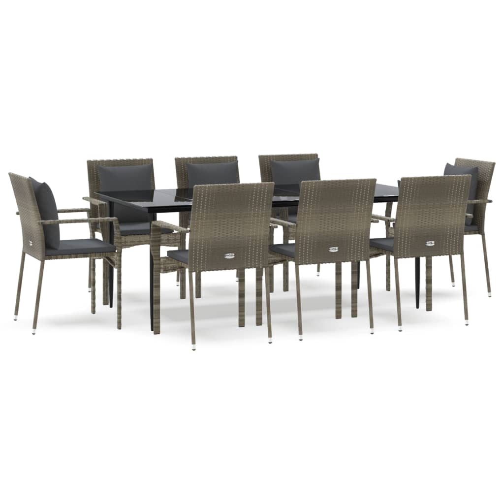 Set da Pranzo Giardino 9pz con Cuscini Nero e Grigio Polyrattan 3185106