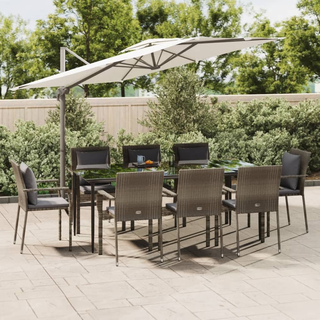 Set da Pranzo Giardino 9pz con Cuscini Nero e Grigio Polyrattan 3185106