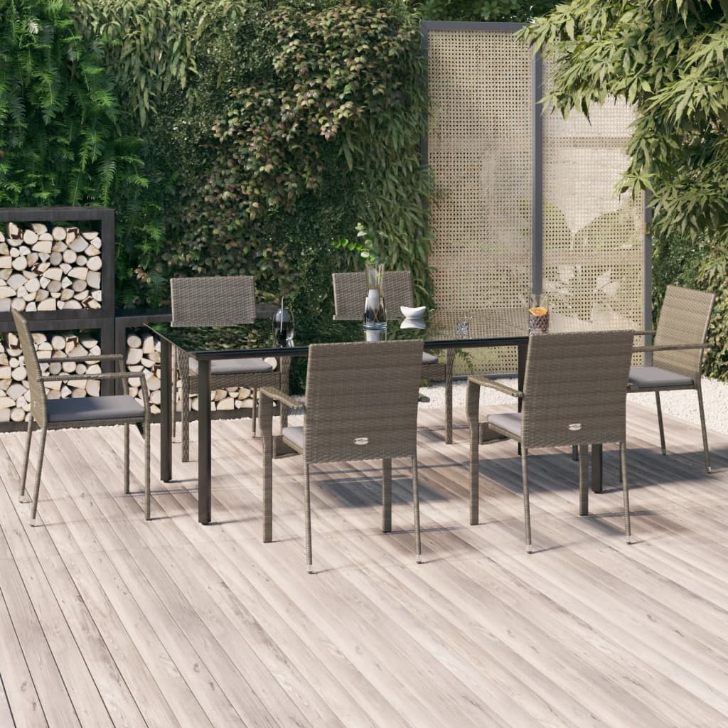 Set da Pranzo Giardino 7pz Nero e Grigio con Cuscini Polyrattan 3185141