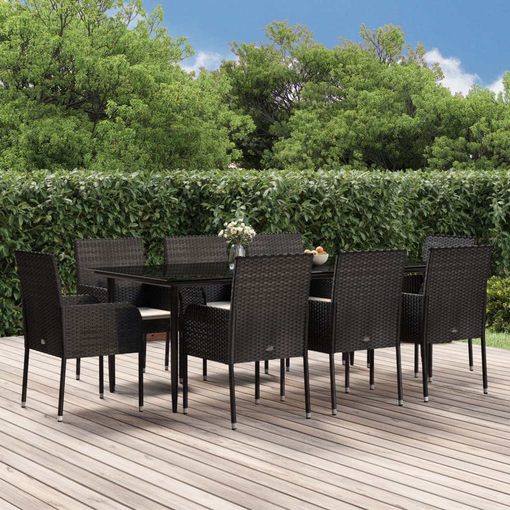 Set da Pranzo da Giardino 9 pz con Cuscini Nero in Polyrattan 3185147