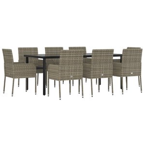 Set da Pranzo Giardino 9pz con Cuscini Nero e Grigio Polyrattan 3185165