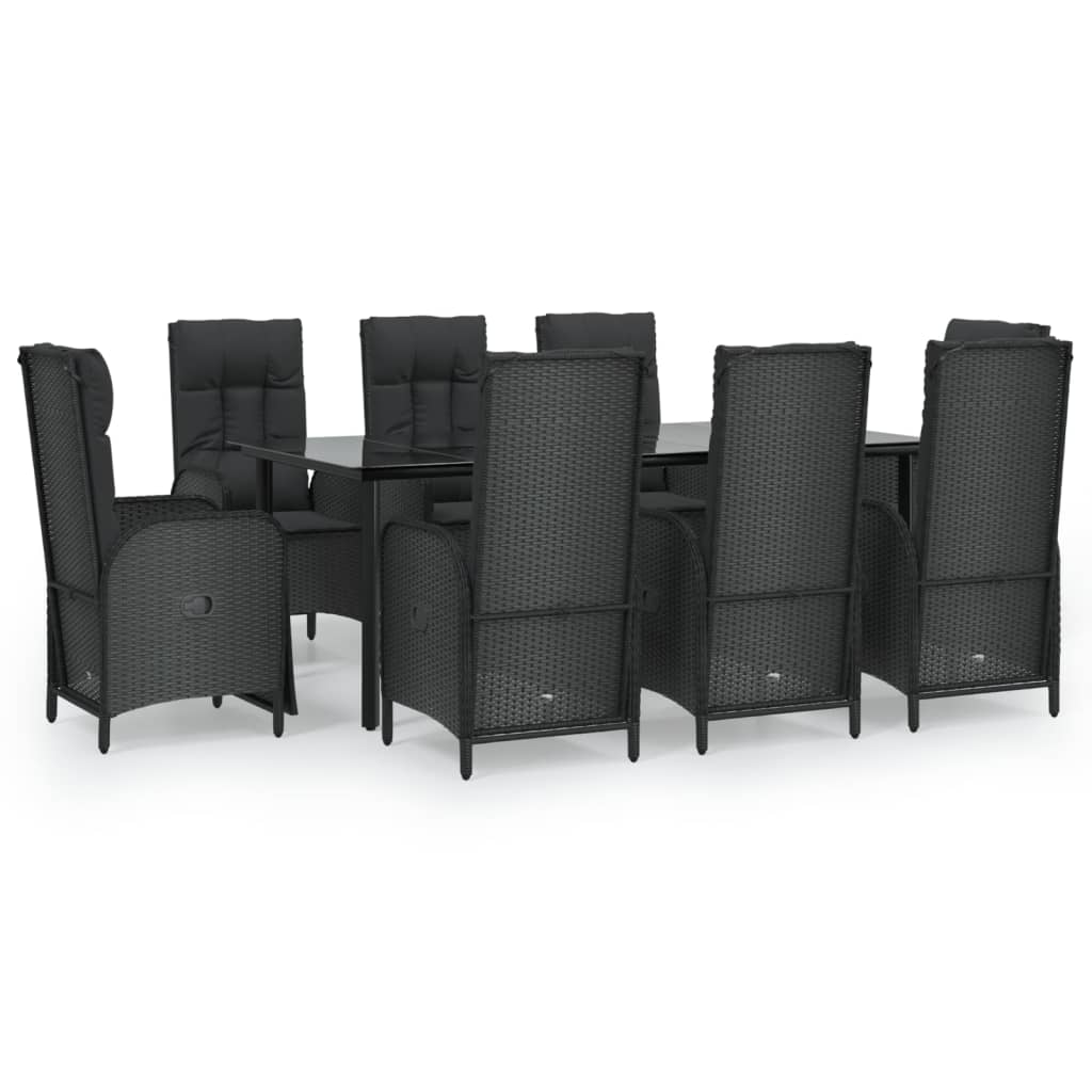 Set da Pranzo da Giardino 9 pz con Cuscini Nero in Polyrattan 3185196