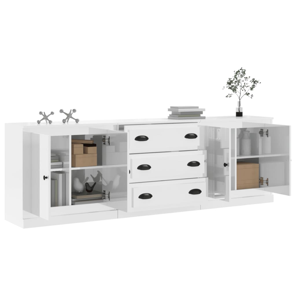 Credenze 3 pz Bianco Lucido in Legno Multistrato 3185217