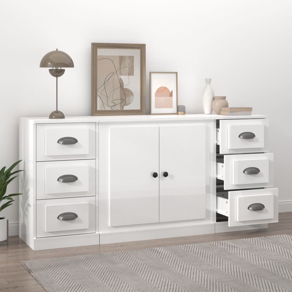 Credenze 3 pz Bianco Lucido in Legno Multistrato 3185233