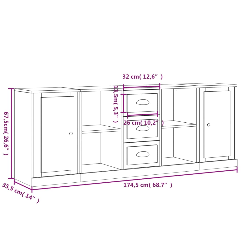 Credenze 3 pz Bianco Lucido in Legno Multistrato 3185257