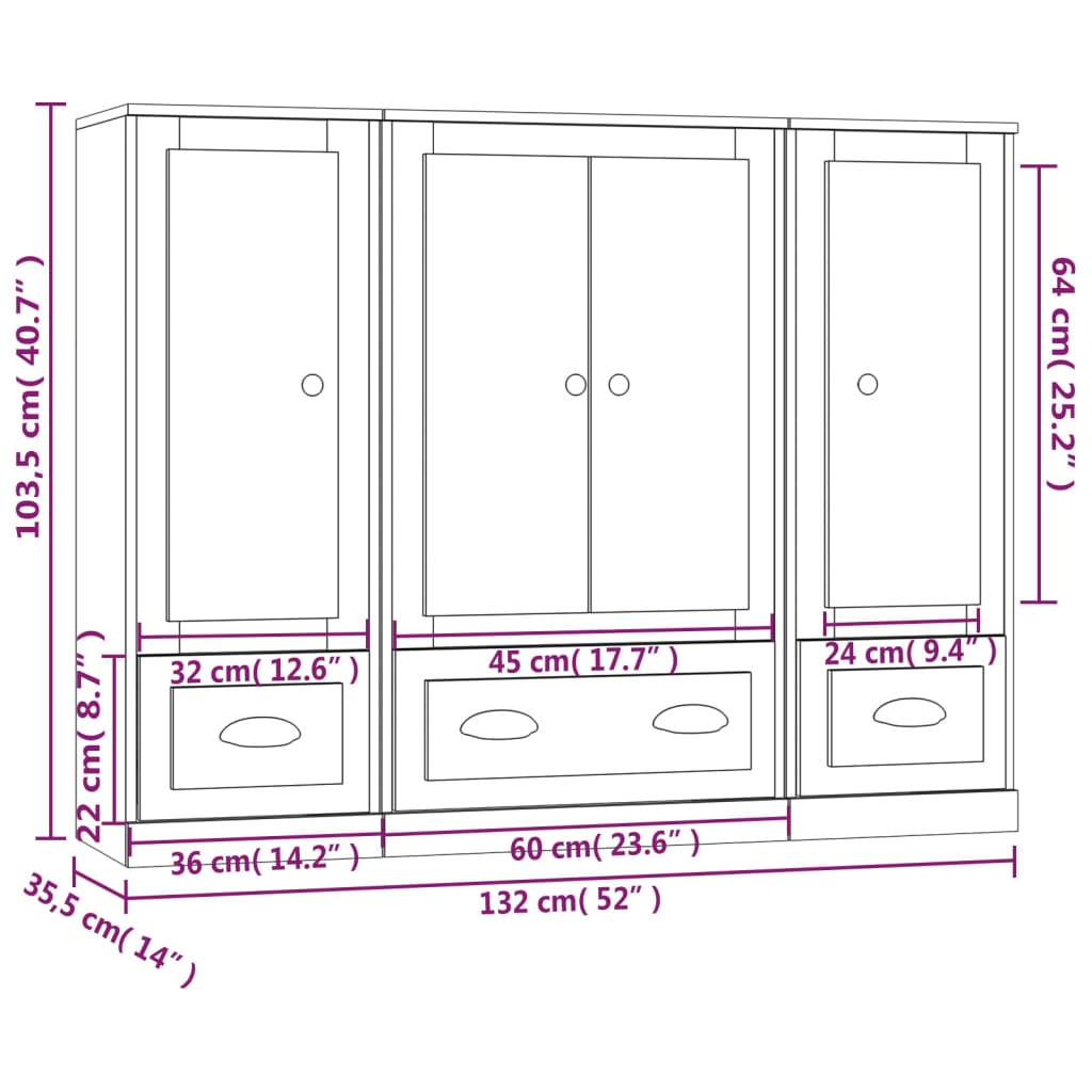 Credenze 3 pz Bianche in Legno Multistrato 3185295