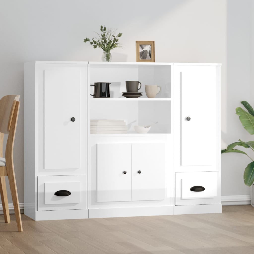 Credenze 3 pz Bianco Lucido in Legno Multistrato 3185313