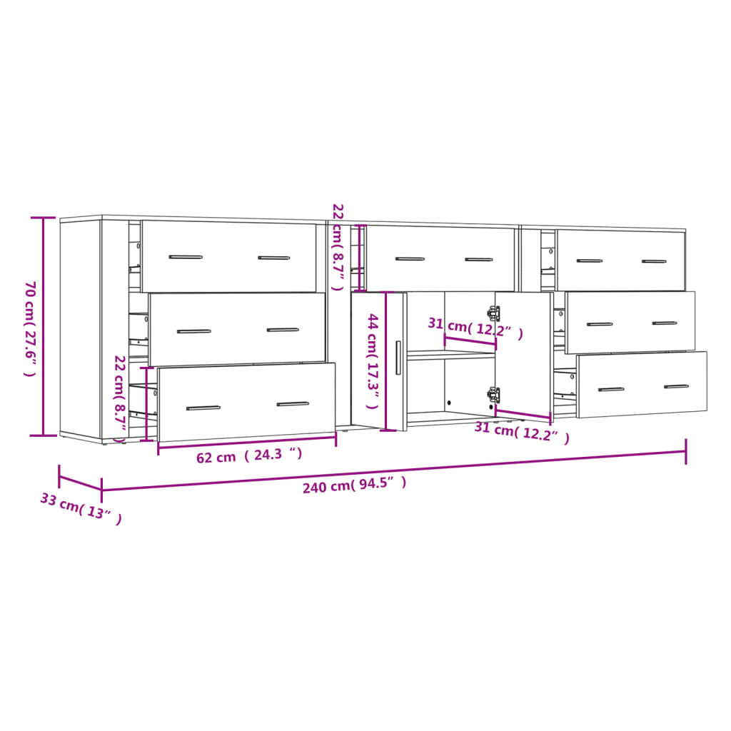 Credenze 3 pz Rovere Marrone in Legno Multistrato 3185430