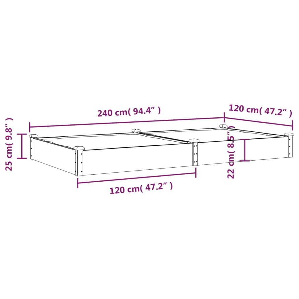 Fioriera Giardino con Fodera Grigia 240x120x25cm Massello Abete 364303