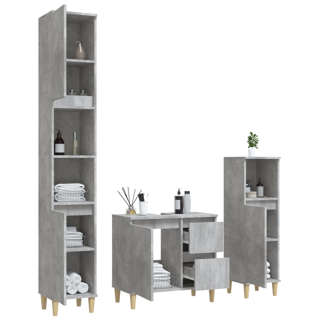 Set di Mobili da Bagno 3 pz Grigio Cemento in Legno Multistrato 3185539