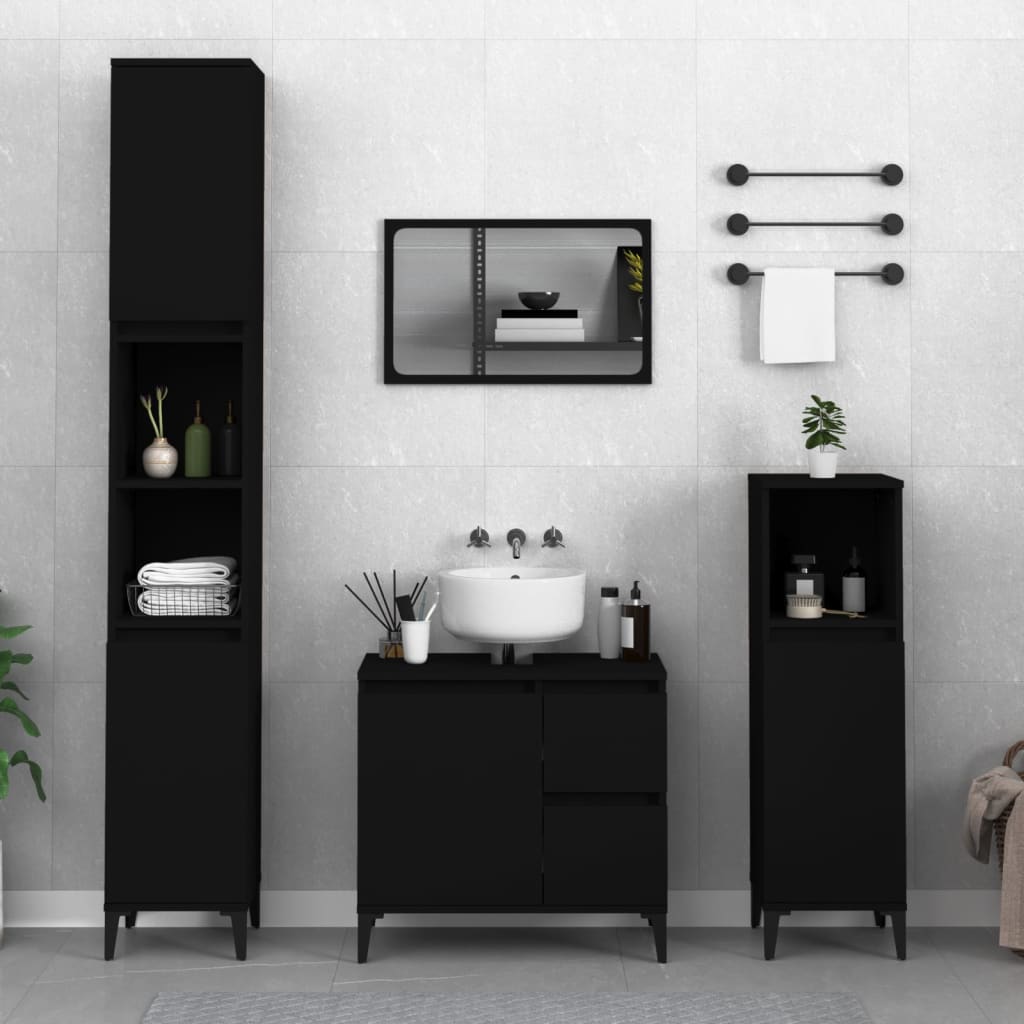 Set di Mobili da Bagno 3 pz Nero in Legno Multistrato 3185544