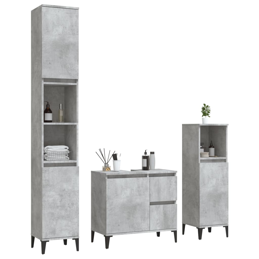 Set di Mobili da Bagno 3 pz Grigio Cemento in Legno Multistrato 3185547