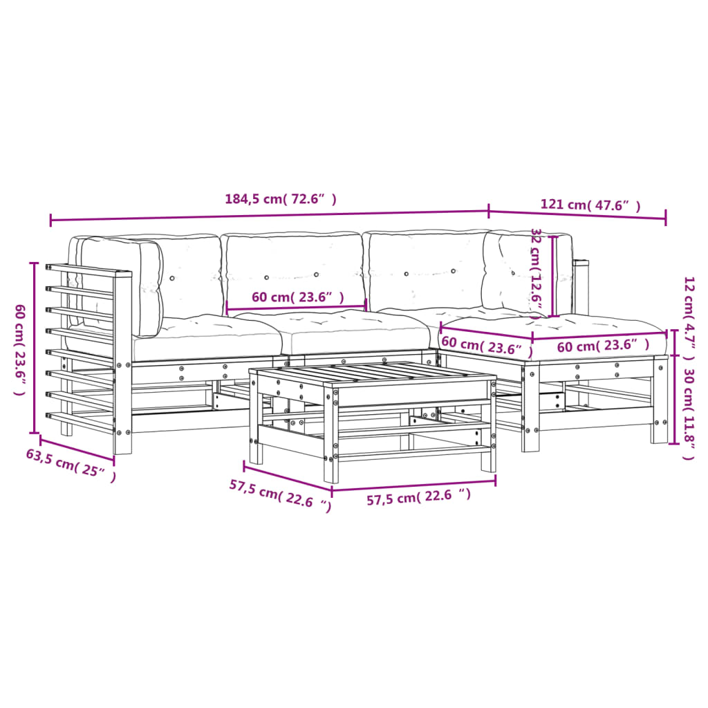 Set Divani da Giardino 5pz con Cuscini Legno Impregnato di Pino 3185807