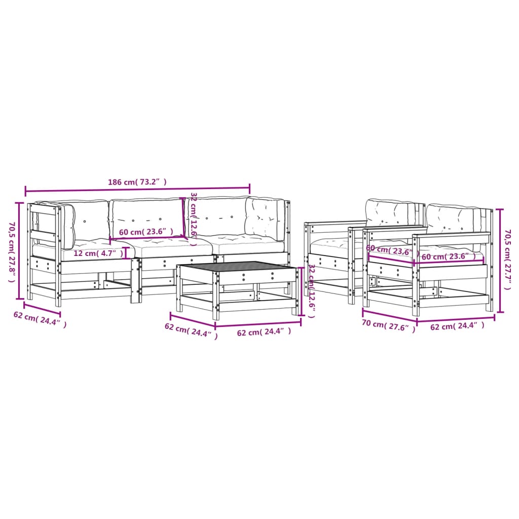 Set Divani da Giardino 6pz con Cuscini in Legno Massello Bianco 3185816