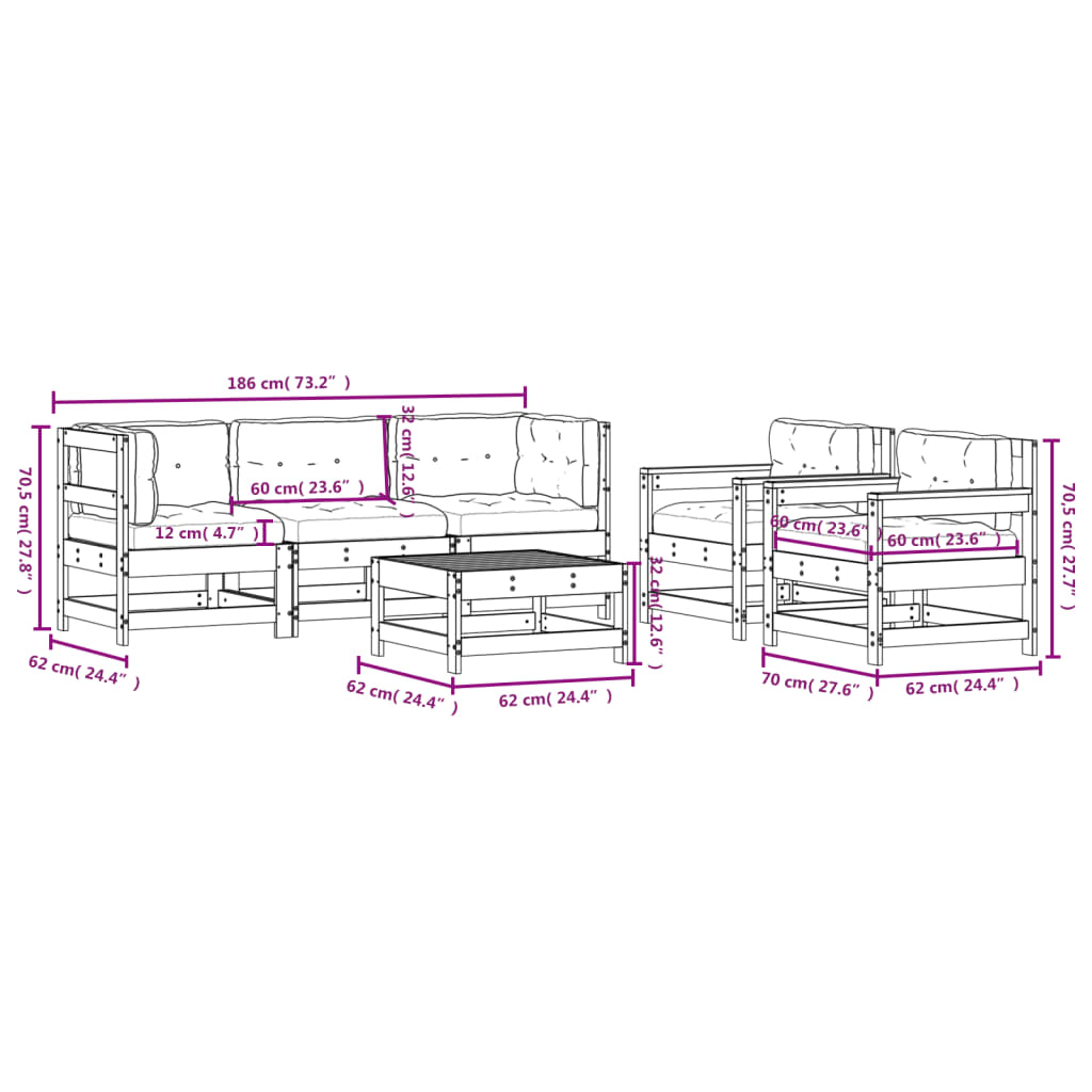 Set Divani da Giardino 6pz con Cuscini in Legno Massello Grigio 3185817