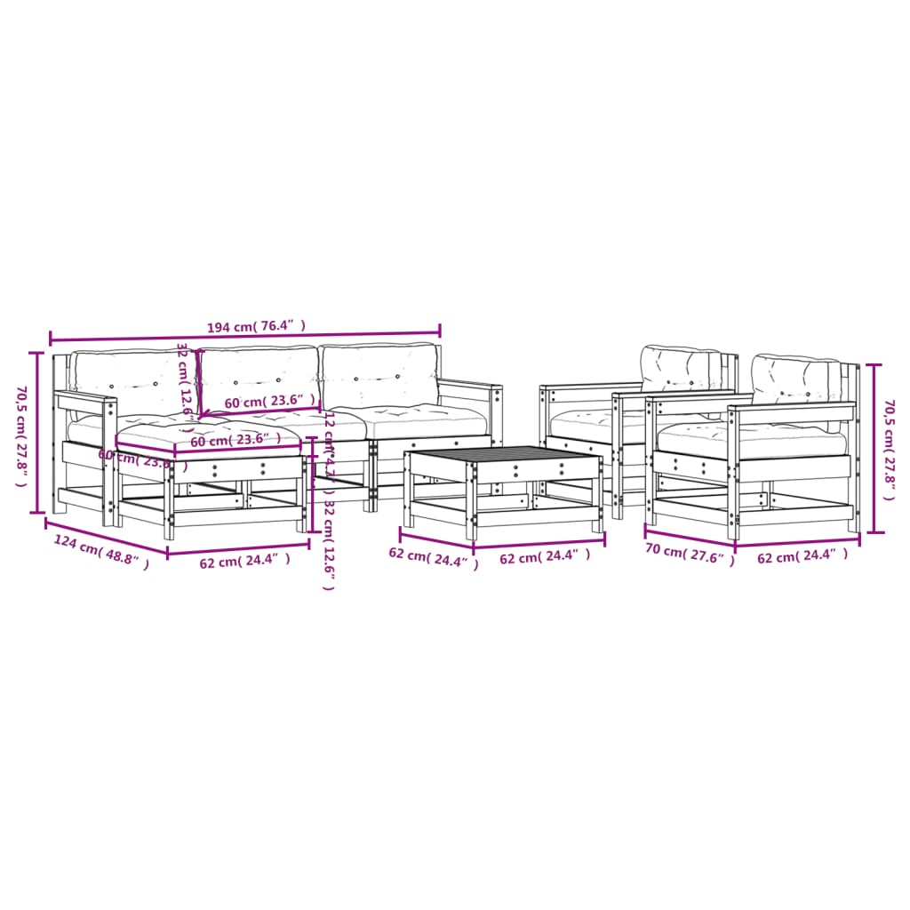 Set Divani da Giardino 7 pz con Cuscini in Legno Massello Nero 3185826