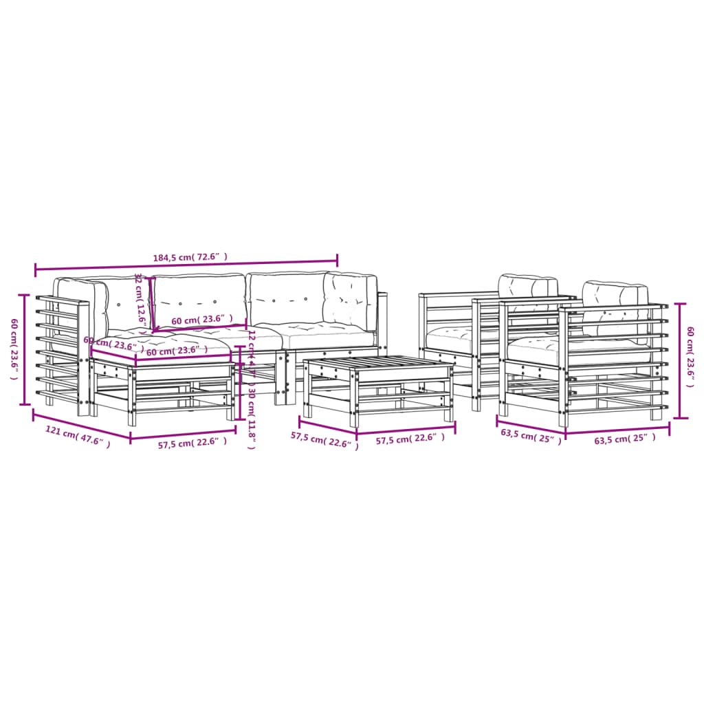 Set Divani da Giardino 7 pz con Cuscini in Legno Massello 3185836