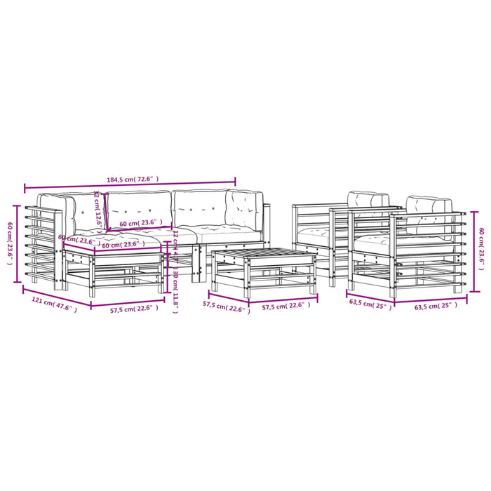 Set Divani da Giardino 7 pz con Cuscini in Legno Massello 3185836