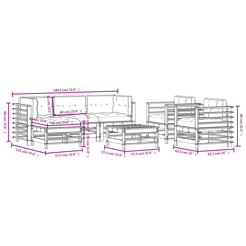 Set Divani da Giardino 7 pz con Cuscini in Legno Massello Nero 3185840