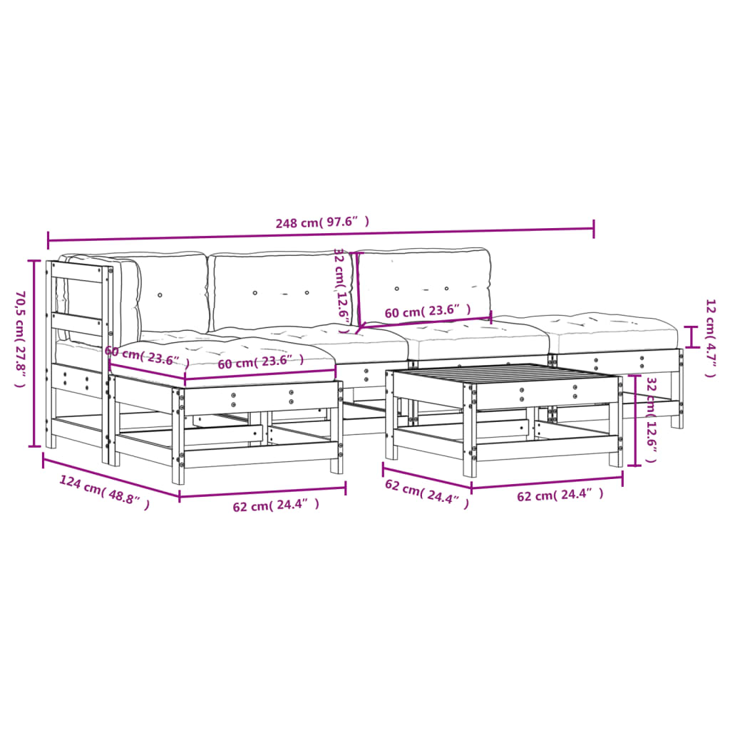 Set Divani da Giardino 6 pz con Cuscini in Legno Massello 3185899