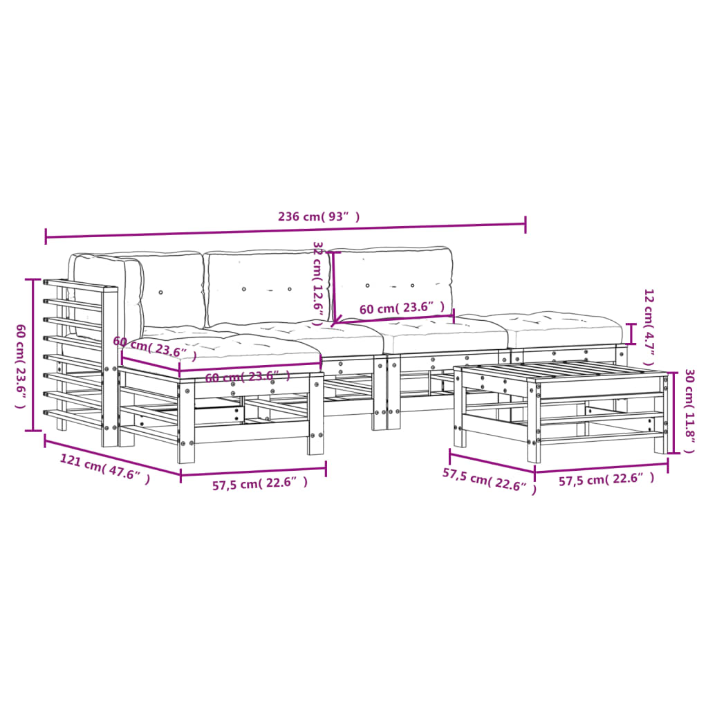 Set Divani da Giardino 6 pz con Cuscini in Legno Massello Miele 3185916