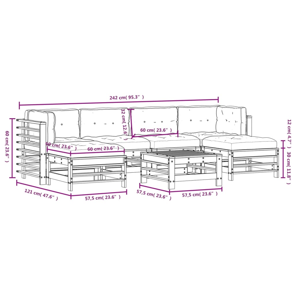 Set Divani da Giardino 7 pz con Cuscini in Legno Massello 3185948