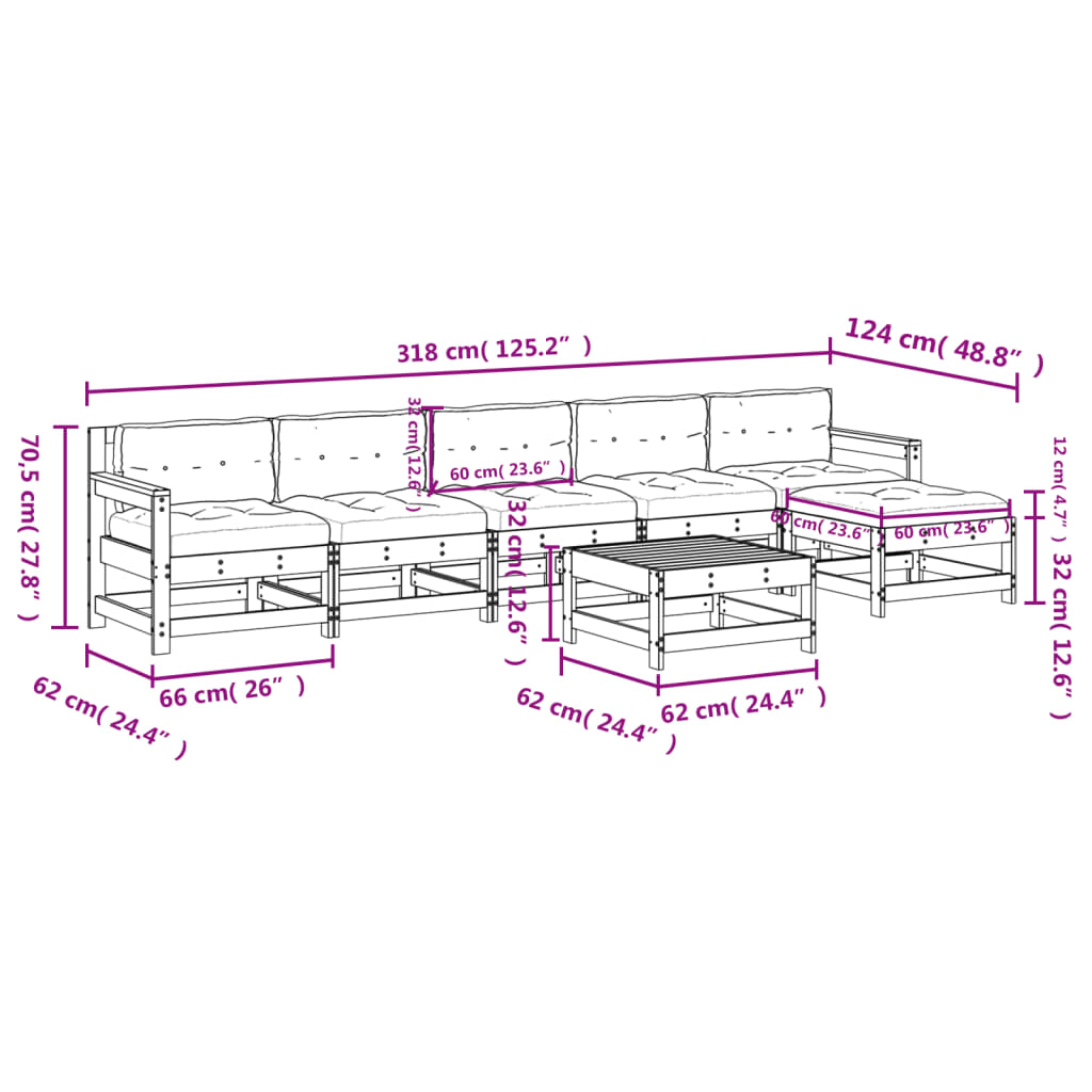 Set Divani da Giardino 7 pz con Cuscini in Legno Massello 3185969