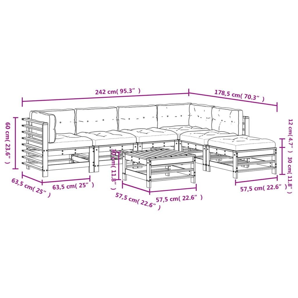 Set Divani da Giardino 7 pz con Cuscini in Legno Massello Nero 3185980