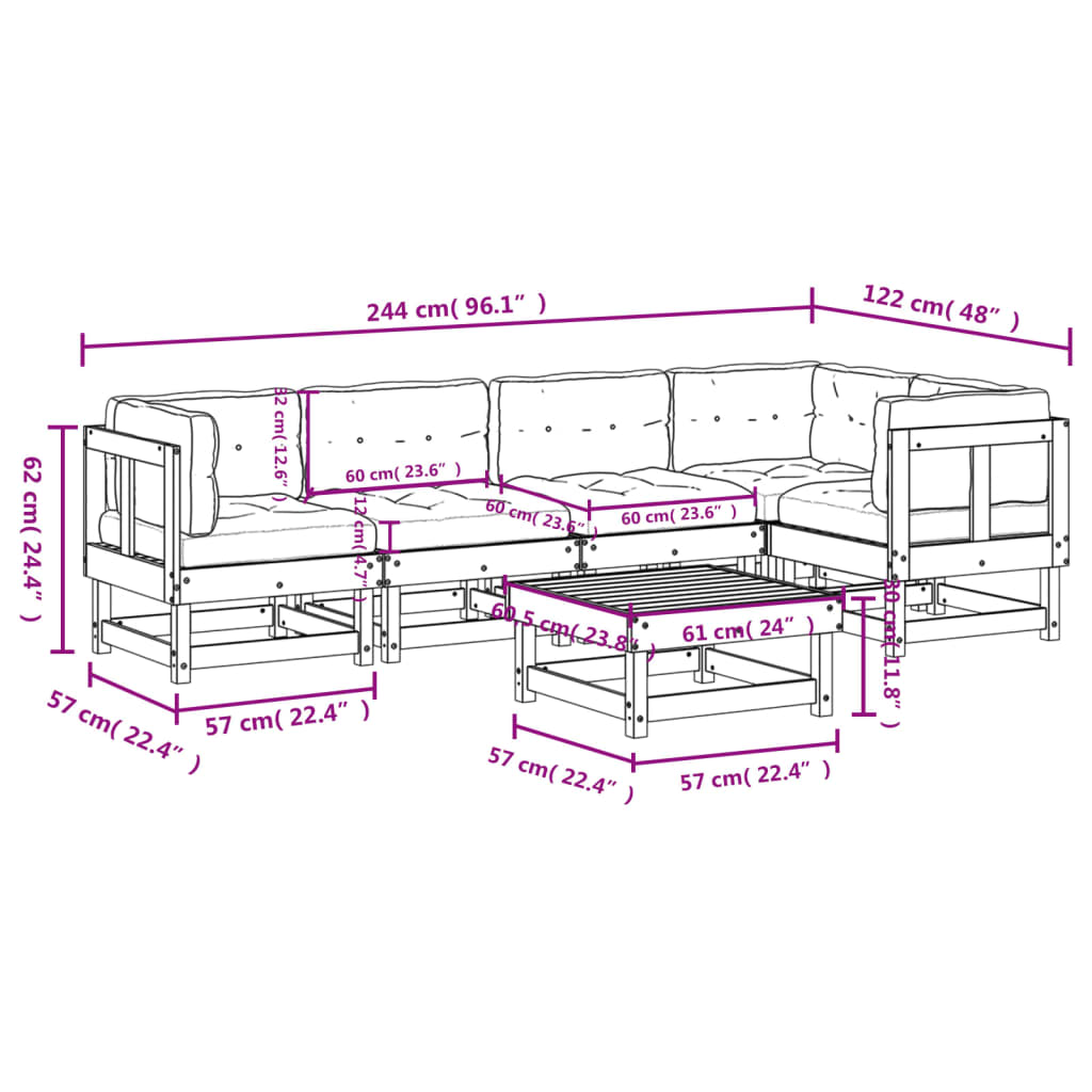 Set Divani da Giardino 6 pz con Cuscini in Legno Massello 3185983