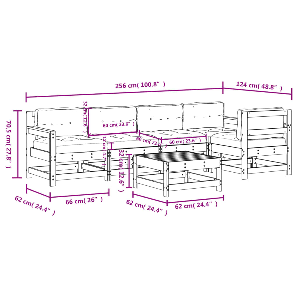 Set Divani da Giardino 6 pz con Cuscini in Legno Massello Nero 3185994