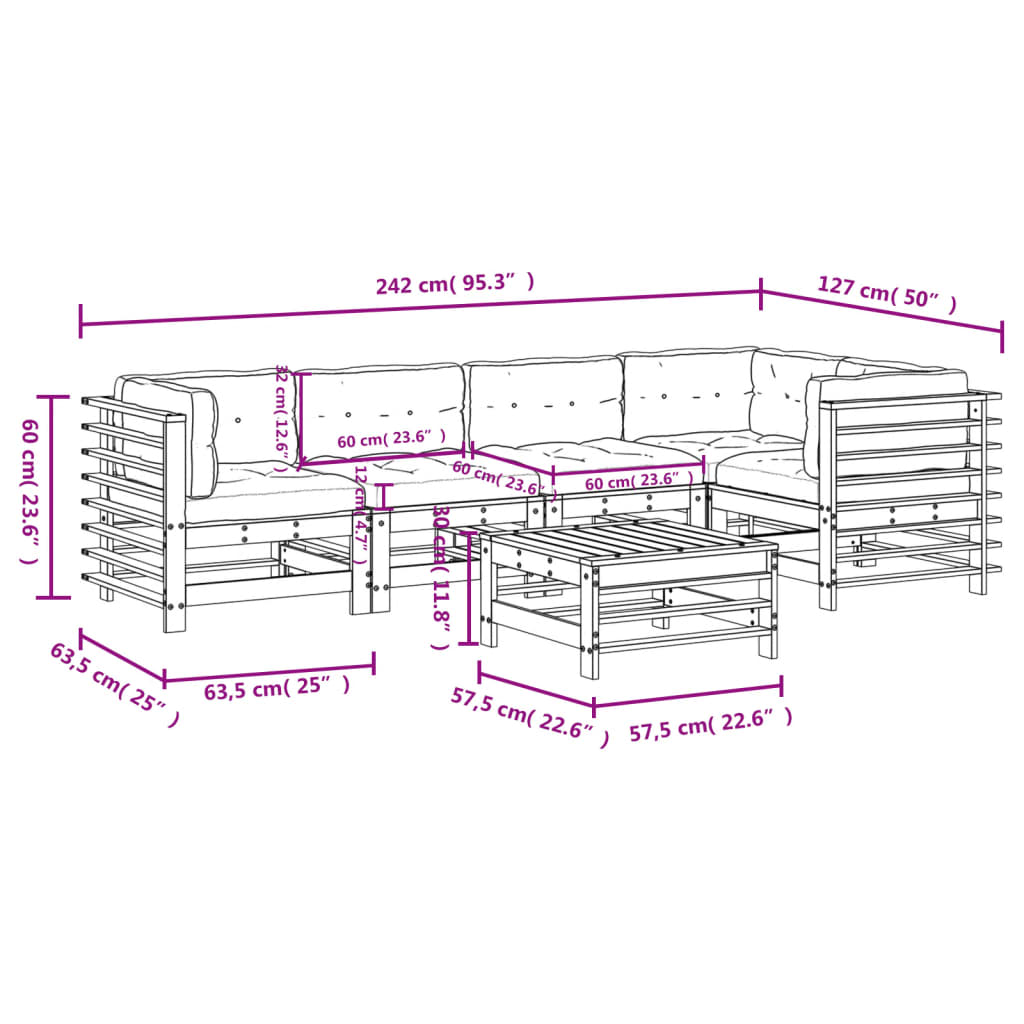 Set Divani da Giardino 6 pz con Cuscini in Legno Massello 3186004