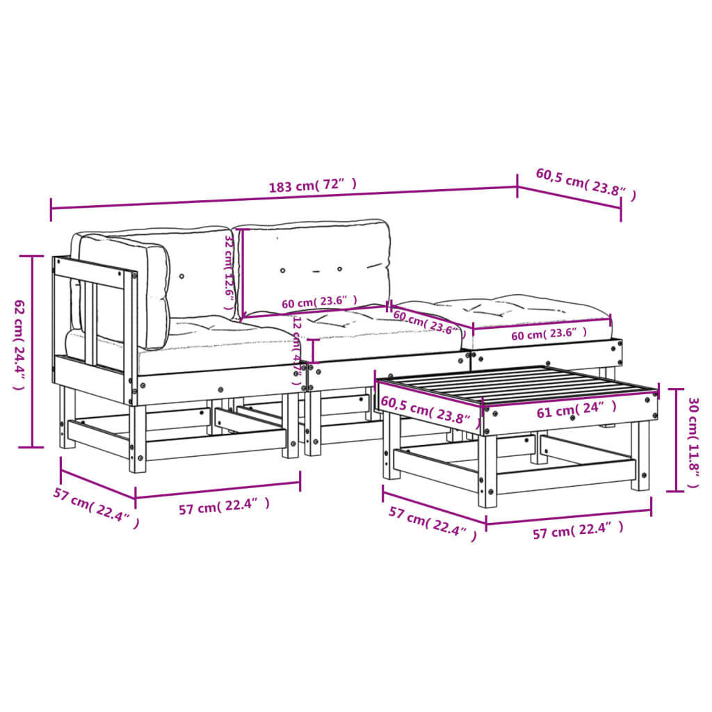 Set Divani da Giardino 4pz con Cuscini in Legno Massello Bianco 3186012