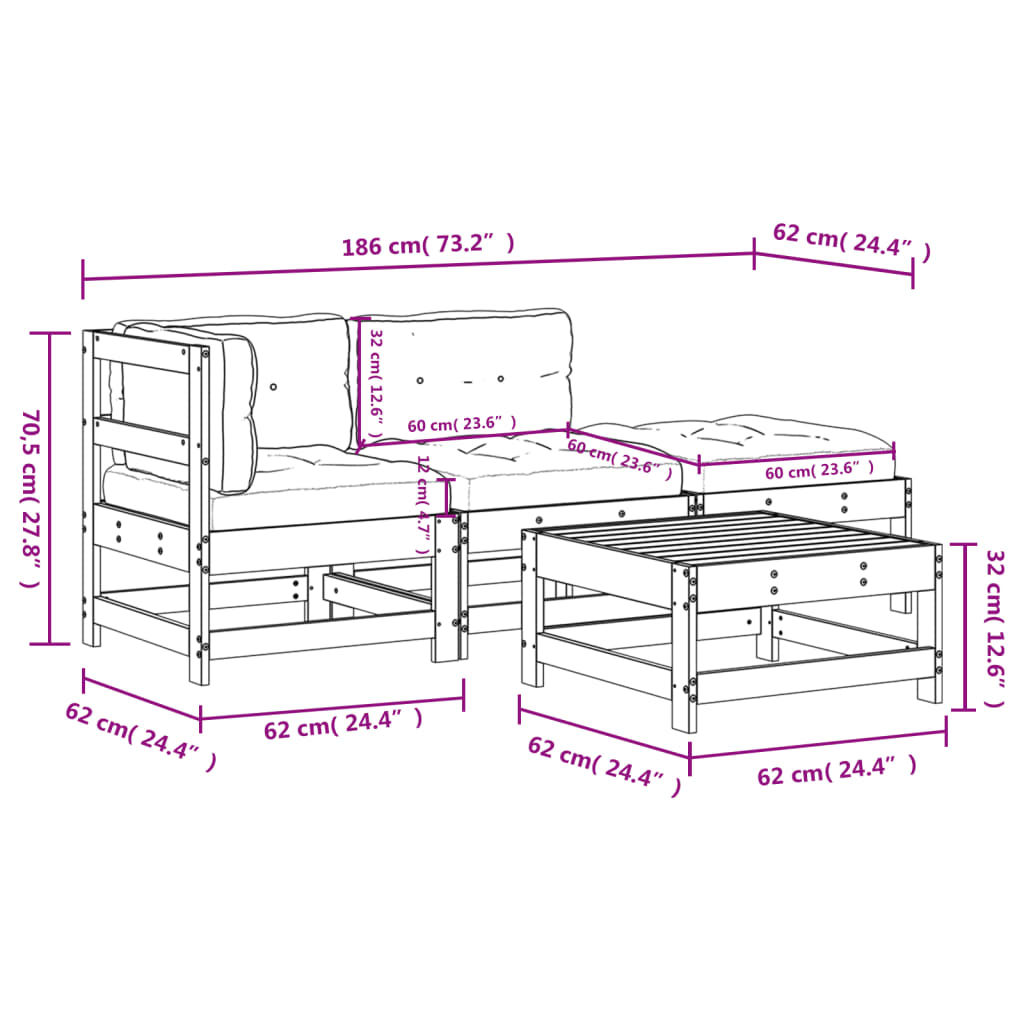 Set Divani da Giardino 4pz con Cuscini in Legno Massello Bianco 3186026