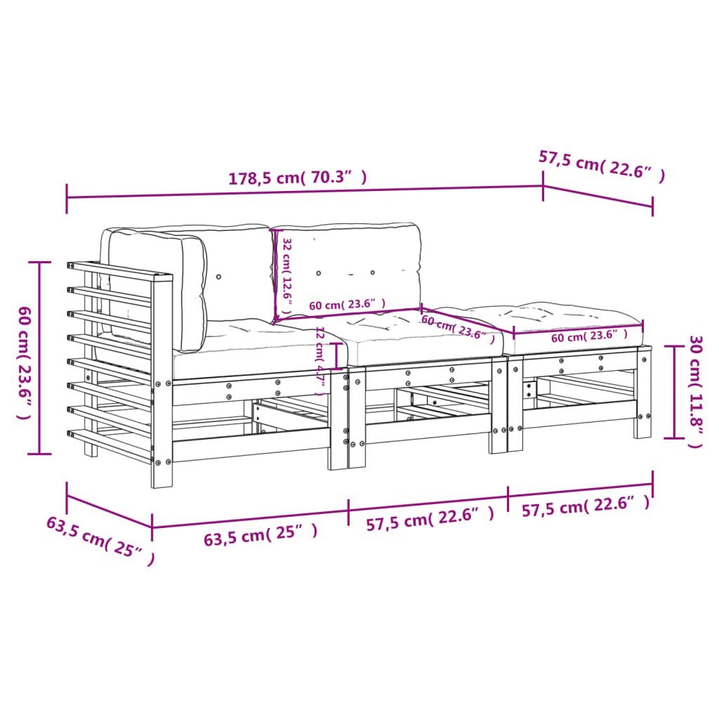 Set Divani da Giardino 3pz con Cuscini in Legno Massello Bianco 3186033